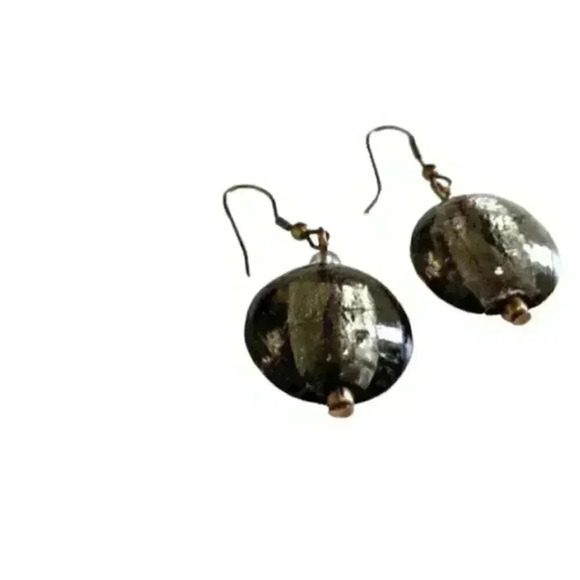Earrings Venetian Glass Beads Dark Smoky Grey Silver Foil Handmade Jewelry Women - Picture 2 of 5